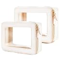 Aveniee Clear Makeup Bag Organizer Set,Portable Travel Toiletry Case for Women, Vegan Leather Cosmetic Pouch Car Bag for Essentials 2pcs,Middle &amp; Large,Beige
