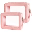 Aveniee Clear Makeup Bag Organizer Set,Portable Travel Toiletry Case for Women, Vegan Leather Cosmetic Pouch Car Bag for Essentials 2pcs,Middle &amp; Large,Pink