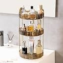 Aveniee Rotating Makeup Organizer for Vanity, 3 Tier Perfume Organizers and Storage for Bathroom Countertop, Clear Spinning Skincare Counter Shelf Holder for Dresser,Brown