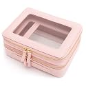 Aveniee XL Clear Makeup Organizer,Double Layer Travel Cosmetic Case with Brush Holder &amp; Zippered Compartments, Large Toiletry Bag Train Case for Women.2 Layers, Pink