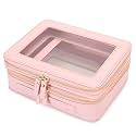 Aveniee XL Clear Makeup Organizer,Double Layer Travel Cosmetic Case with Brush Holder &amp; Zippered Compartments,Big Toiletry Bag for Travel Accessories,2 Layers Large,Pink