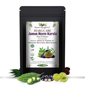 avg health organics diaba care karela jamun neem powder 350g  diabetes control ayurvedic supplement with arjuna gokhru amp triphala  helps in relieving constipation  ayush amp gmp certified