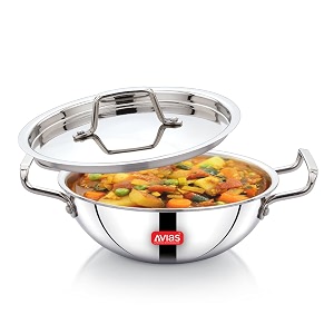avias avi3 triply kadai 26 cm stainless steel kadhai with lid 3 layer steel casted handles flat bottom kadhai with induction base 25 mm thickness 325 litre capacity