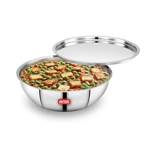 avias riara triply tasla with lid  5 years warranty  20cm stainless steel tasla kadhai induction friendly 3 layered cookware 25mm thickness 15 litres 20cm