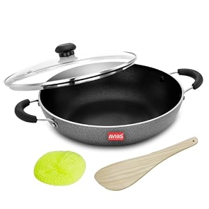 avias zen ib kadai 24cm nonstick aluminium kadhai with glass lid induction friendly contains wooden spatula and scrubber triple layer coated cookware bakelite handles 24cm