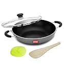 AVIAS Zen IB Kadai 24cm, Nonstick Aluminium Kadhai with Glass Lid, Induction Friendly, Contains Wooden Spatula and Scrubber, Triple Layer Coated Cookware, Bakelite Handles, 24cm
