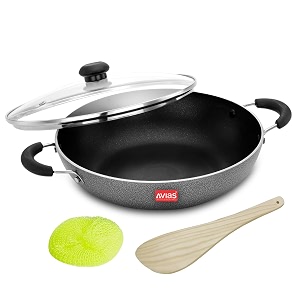 avias zen ib kadai 28cm nonstick aluminium kadhai with glass lid induction friendly contains wooden spatula and scrubber triple layer coated cookware bakelite handles 28cm
