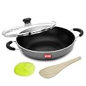 AVIAS Zen IB Kadai 28cm, Nonstick Aluminium Kadhai with Glass Lid, Induction Friendly, Contains Wooden Spatula and Scrubber, Triple Layer Coated Cookware, Bakelite Handles, 28cm