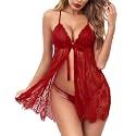 Avidlove Sexy Open Front Sheer Lace Babydoll Lingerie Dress with Thong