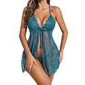 Avidlove Sexy Open Front Sheer Lace Babydoll Lingerie Dress with Thong