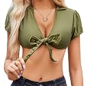 Avidlove Tie Front Crop Top for Women Deep V Neck Shirt Short Sleeve