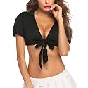 Avidlove Tie Front Crop Top for Women Deep V Neck Shirt Short Sleeve