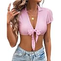 Avidlove Tie Front Crop Top for Women Deep V Neck Shirt Short Sleeve