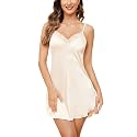 Avidlove Women's Nightwear Sexy Satin Sleepwear Lace Chemises Mini Full Slip Beige