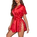 Avidlove Women Lingerie Robe Satin Sleepwear Lace Side Split Silk Robes