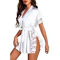 Avidlove Women Lingerie Robe Satin Sleepwear Lace Side Split Silk Robes