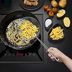 stainless steel multi functional filter deep fry oil strainer for kitchen jhara puri strainer with stainless steel handle 2 pc set