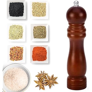 wooden salt amp pepper grinder 8 inch with stainless steel cutter amp adjustable coarseness  refillable manual spice mill  traditional wood pepper grinder for kitchen amp dining