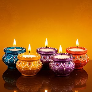 handicraft matki diyas  navratri and diwali wax candles set  tealight decorate for diwali  diya for puja  diwalis home decoration light set of 8 multicolor matki set of 8