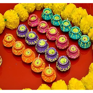 handicraft matki diyas  navratri and diwali wax candles set  decorate diya for diwali  diya for puja  deepawali home decoration light set of 24 multicolor