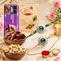 AWANI TRENDS Rakhi Gift For Brother Hamper with Dry Fruits | 1 Green Rakhi and 1 Braclet | 50g Almonds | 50g Cashews | Greeting Card & Roli Chawal | Premium Raksha Bandhan Gift