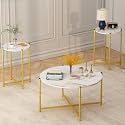 AWQM Faux Marble Coffee Table Set of 3, 1 Coffee Table & 2 Sofa Table, Round Tabletop and Metal Cross Base Frame,Perfect for Living Room Apartment, White
