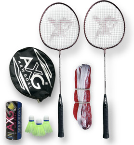 axg new goal scratchless a-2000 badminton racquets set of 2 with 3 plastic shuttles and net badminton kit