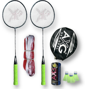 axg new goal scratchless a-2000 badminton racquets set of 2 with 3 plastic shuttles and net badminton kit