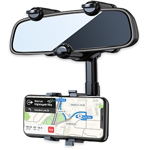 universal rearview mirror phone holder - 360 rotating hands-free car mobile holder for dashboard secure stand