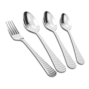 axiom cutlery set of 24 pieces stainless steel premium silverware 6 dessert spoon 6 dessert fork 6 tea spoon 6 baby spoon hammered flatware utensil for multi-purpose usage and various sizes