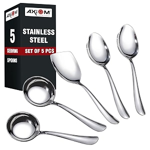 axiom stainless steel serving tools 5 piece heavy gauge non-stick set of 2 soup ladle karchi 2 solid spoon chamcha and 1 rice spoon for serving soupcurrydalricepasta