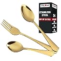 AXIOM Stainless Steel Golden Cutlery Set. 24 Pieces Luxurious Spoons &amp; Forks (8 Dessert Spoon, 8 Dessert Fork, 8 Tea Spoon) Gold Colour Flatware for Luxury Dining