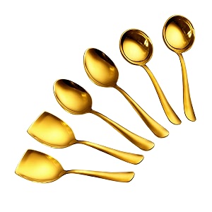 axiom stainless steel golden serving tools set 6 piece heavy gauge non-stick set of 2 soup ladle karchi 2 solid spoon chamcha amp 2 rice spoon for serving soupcurrydalrice gold - 23 cm