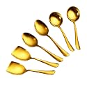 Axiom Stainless Steel Golden Serving Tools Set. 6 Piece Heavy Gauge Non-Stick Set Of 2 Soup Ladle (Karchi), 2 Solid Spoon (Chamcha) &amp; 2 Rice Spoon For Serving Soup/Curry/Dal/Rice. Gold - 23 Cm