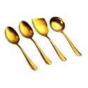 AXIOM Stainless Steel Golden Serving Tools Set. 4 Piece Heavy Gauge Non-Stick Set Of 1 Soup Ladle (Karchi), 2 Solid Spoon (Chamcha) &amp; 1 Rice Spoon For Serving Soup/Curry/Dal/Rice. Gold