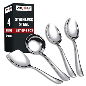 axiom stainless steel serving tools 4 piece heavy gauge non-stick set of 1 soup ladle karchi 2 solid spoon chamcha and 1 rice spoon for serving soupcurrydalricepasta 23 centimeters