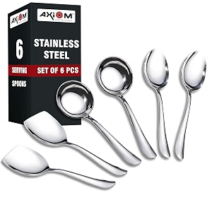 axiom stainless steel serving tools 6 piece heavy gauge non-stick set of 2 soup ladle karchi 2 solid spoon chamcha and 2 rice spoon for serving soupcurrydalricepasta - 23 cm