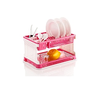 axn plastic kitchen organizer rack with water storing tray pink