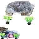 Axolotl Tank Accessories - Aquarium Tortoise Hideout, Hides and Fake Water Plants Set, Cave Plastic Tree, Turtle Hideout, Fish Tank Decor (Stone, M)