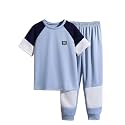 Axumity 6-12 Years Kid Boys Clothes Outfits Casual Crew Neck Colorblock Short Sleeve Top Fall Pants Set