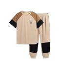 Axumity 6-12 Years Kid Boys Clothes Outfits Casual Crew Neck Colorblock Short Sleeve Top Fall Pants Set