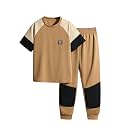 Axumity 6-12 Years Kid Boys Clothes Outfits Casual Crew Neck Colorblock Short Sleeve Top Fall Pants Set