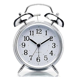 metal retro twin bell alarm clock with tick-tick movement with night light function and loud old-fashioned alarm battery operated silver - analog 9 cm
