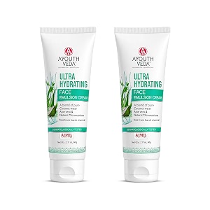 ayouthveda ultra hydrating face emulsion cream  24-hour hydrating moisturizer  with coconut water aloe vera amp green tea  lightweight quick absorbing formula  helps moisturize tone amp brighten skin  for all skin types  60g pack of 2