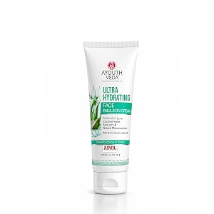 ayouthveda ultra hydrating face emulsion cream  24-hour hydrating moisturizer  with coconut water aloe vera amp green tea  lightweight quick absorbing formula  helps moisturize tone amp brighten skin  for all skin types  60g pack of 1
