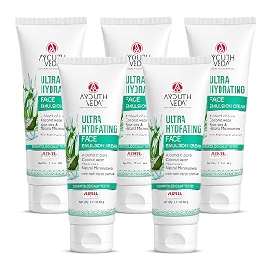 ayouthveda ultra hydrating face emulsion cream  24-hour hydrating moisturizer  with coconut water aloe vera amp green tea  lightweight quick absorbing formula  helps moisturize tone amp brighten skin  for all skin types  60g pack of 5