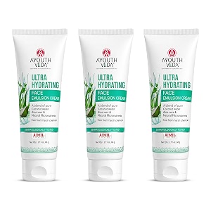 ayouthveda ultra hydrating face emulsion cream  24-hour hydrating moisturizer  with coconut water aloe vera amp green tea  lightweight quick absorbing formula  helps moisturize tone amp brighten skin  for all skin types  60g pack of 3