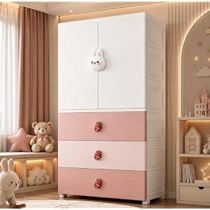 aysis premium modular wardrobe for bedroom kids room and home  spacious clothes storage cabinet with drawers and shelves  modern stylish design heavy duty multiuse organizer- sj6514-pink rabbit