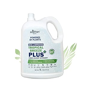 azafran new amp improved tropical breeze plus liquid laundry detergent - 5 l 8 in 1 plant-based remove tough stains natural fabric conditioner suitable for baby clothes amp all washing style