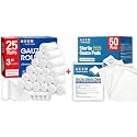 AZEN 25 Pack Gauze Rolls Bandages, 3 in x 4.1 Yards & 50 Pack Sterile Gauze Pads, 3" x 4", 8-Ply Cotton Gauzes Sponges for Wound Care and First Aids